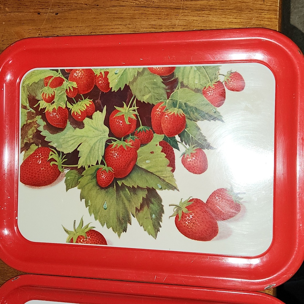 Vintage Four Strawberry Tin Litho Serving Trays 14" x 8.5" Set of 4